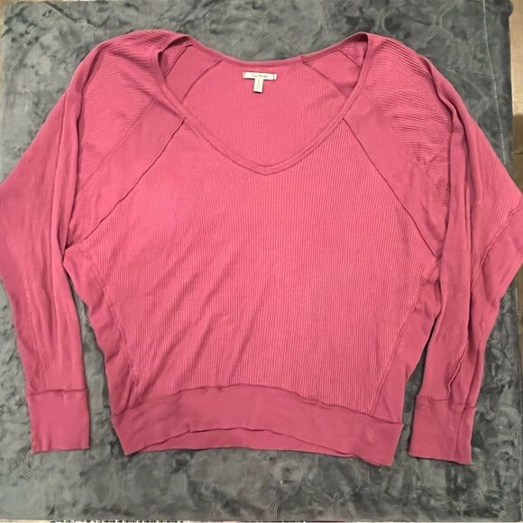 Free People Santa Clara Thermal Long Sleeve Oversized V Neck Top Mulberry Size L - Picture 1 of 9